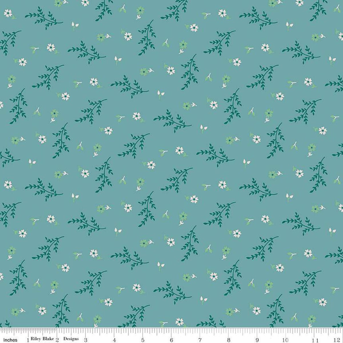 Floral pattern fabric with green leaves and white flowers on a teal background
