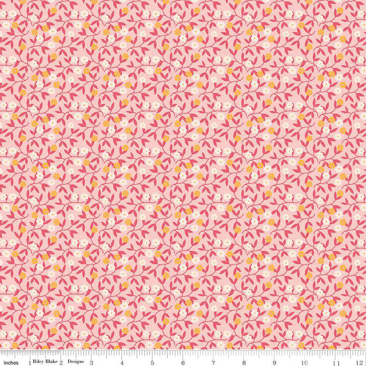 Floral pattern fabric swatch on a pink background.