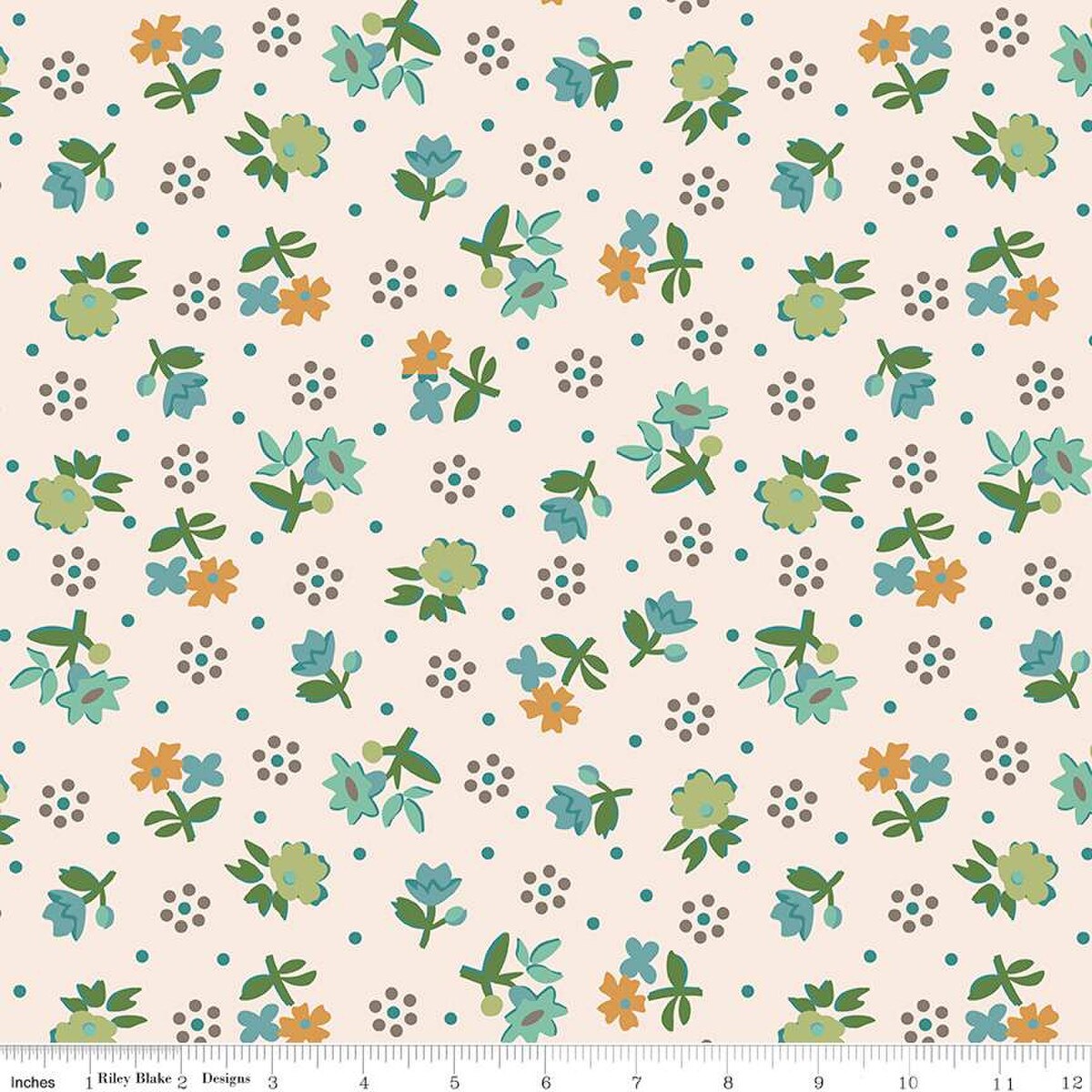 Floral pattern fabric with small flowers and leaves on a beige background