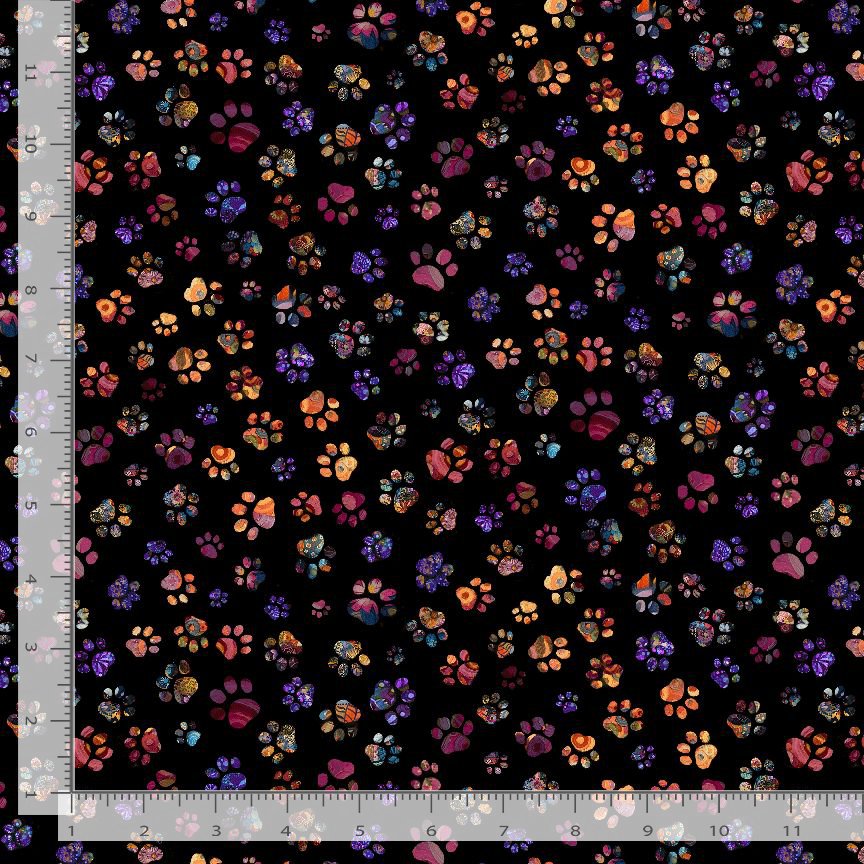 Calico Cat Floral Paw Prints Black