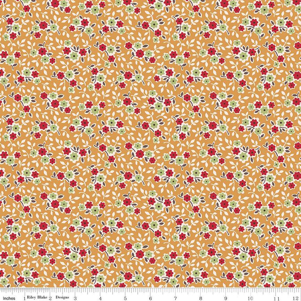 Floral pattern fabric with red and green flowers on a yellow background.