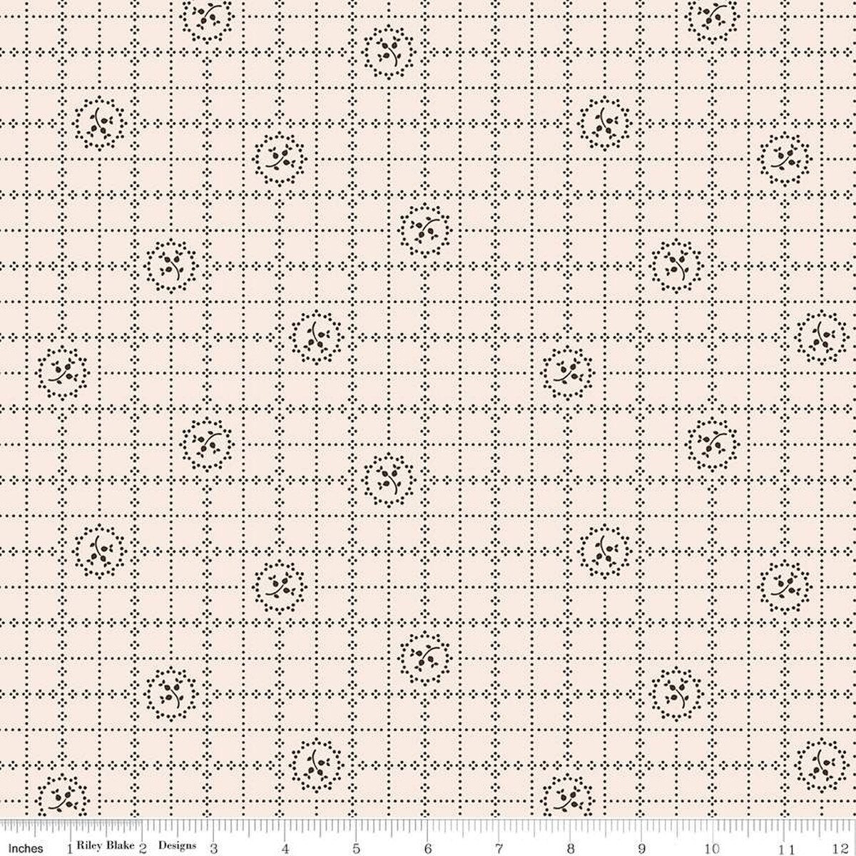 Grid pattern with small floral elements on a beige background