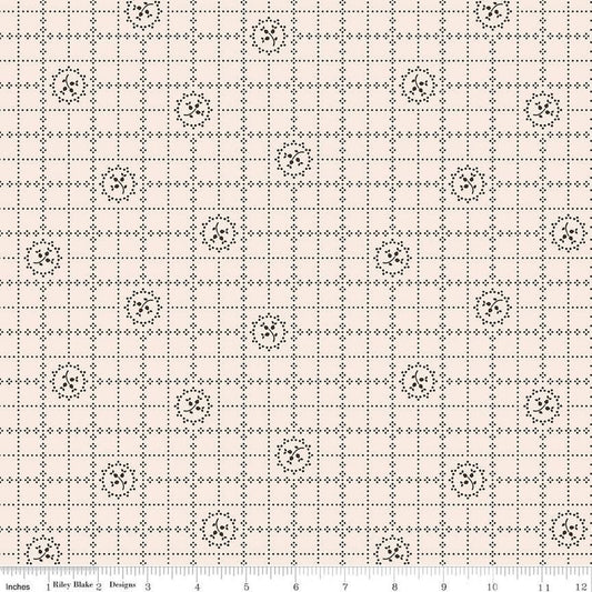 Grid pattern with small floral elements on a beige background