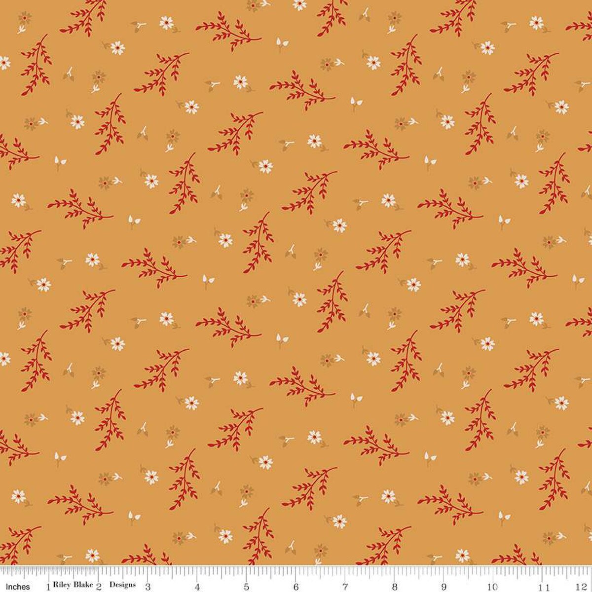 Floral pattern fabric with red and white flowers on a mustard yellow background