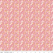 Floral pattern fabric swatch on a pink background.