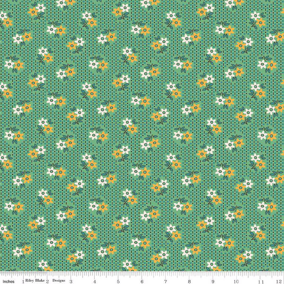 Floral pattern fabric with small white and gold flowers on a green background