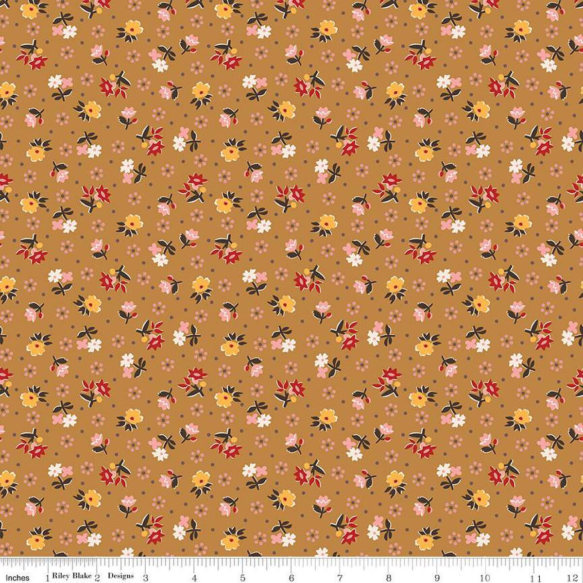Floral pattern fabric swatch on a brown background