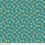 Floral pattern fabric swatch on a teal background
