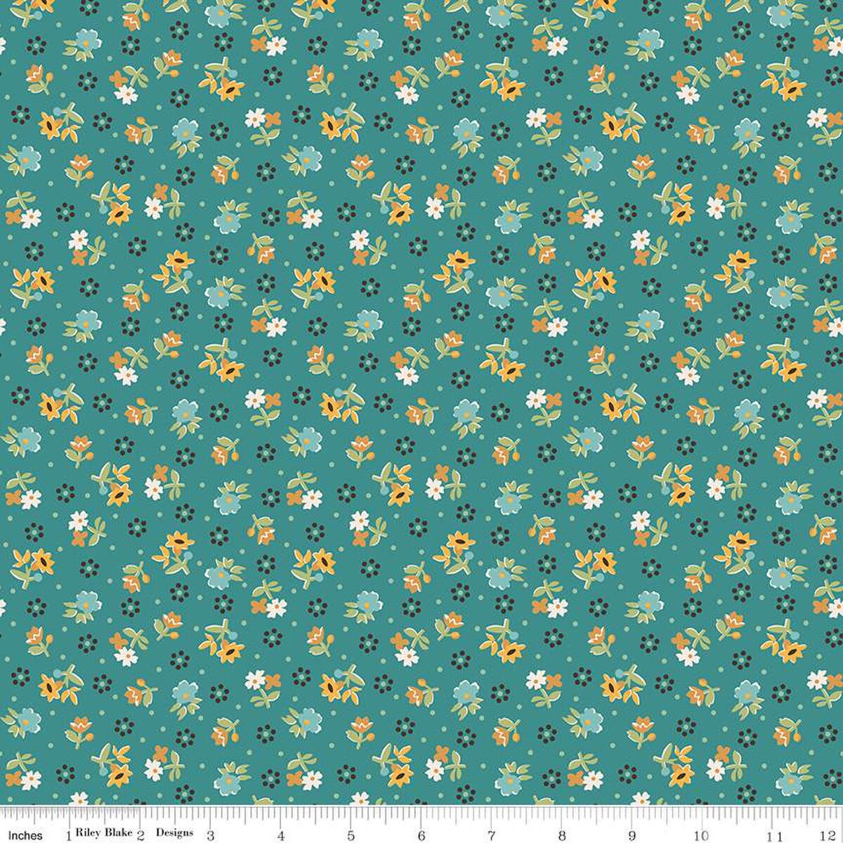 Floral pattern fabric swatch on a teal background
