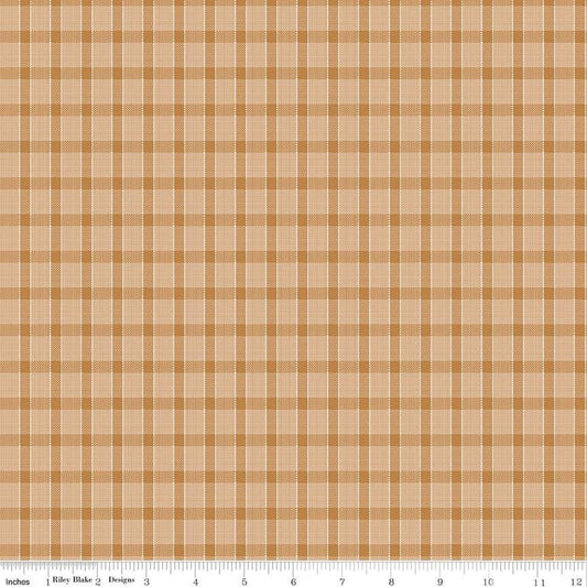 Plaid fabric pattern with brown and beige colors on a plain background