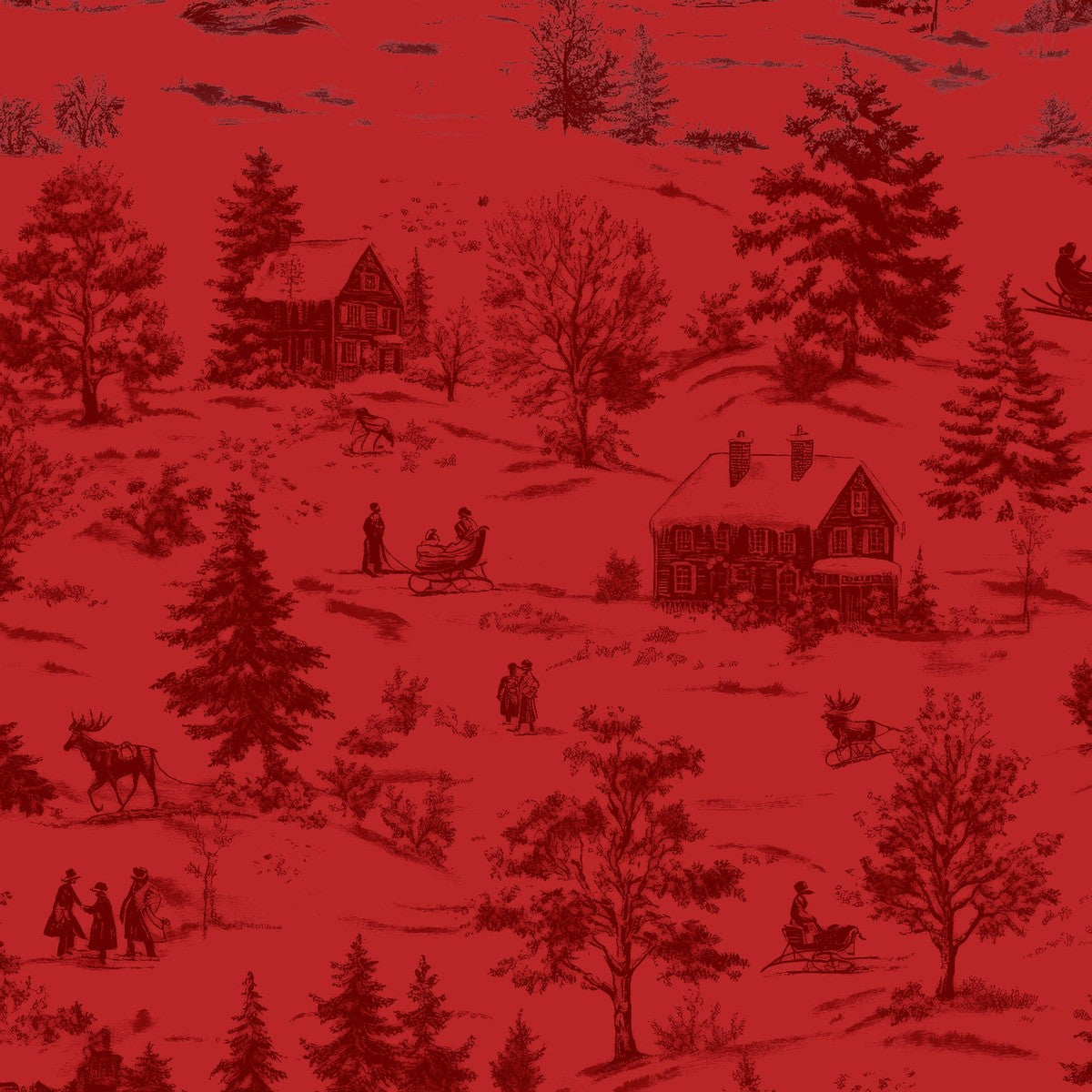 Holly Jolly Calico Crimson Winter Scene