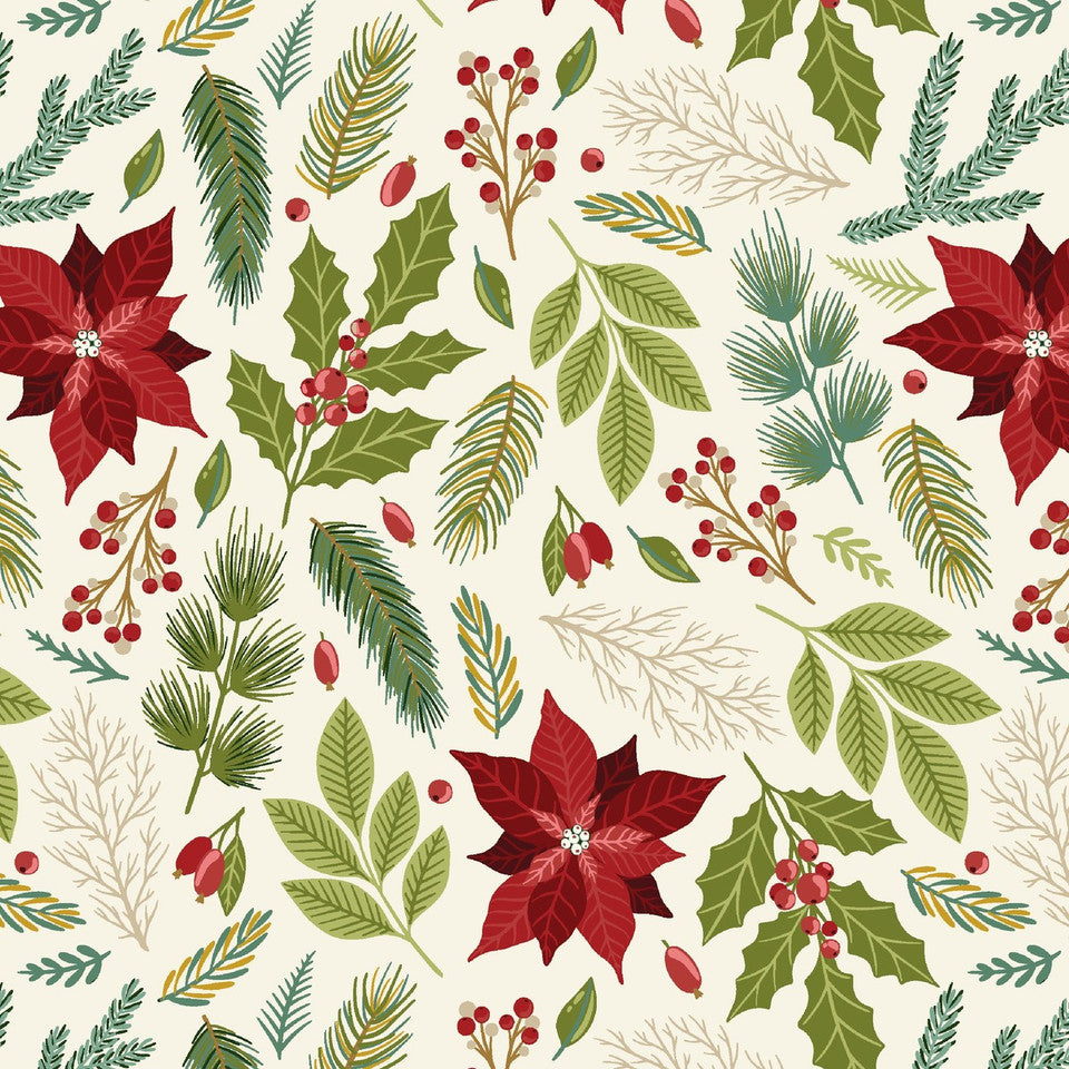Holly Jolly Calico Ecru Poinsettia Floral