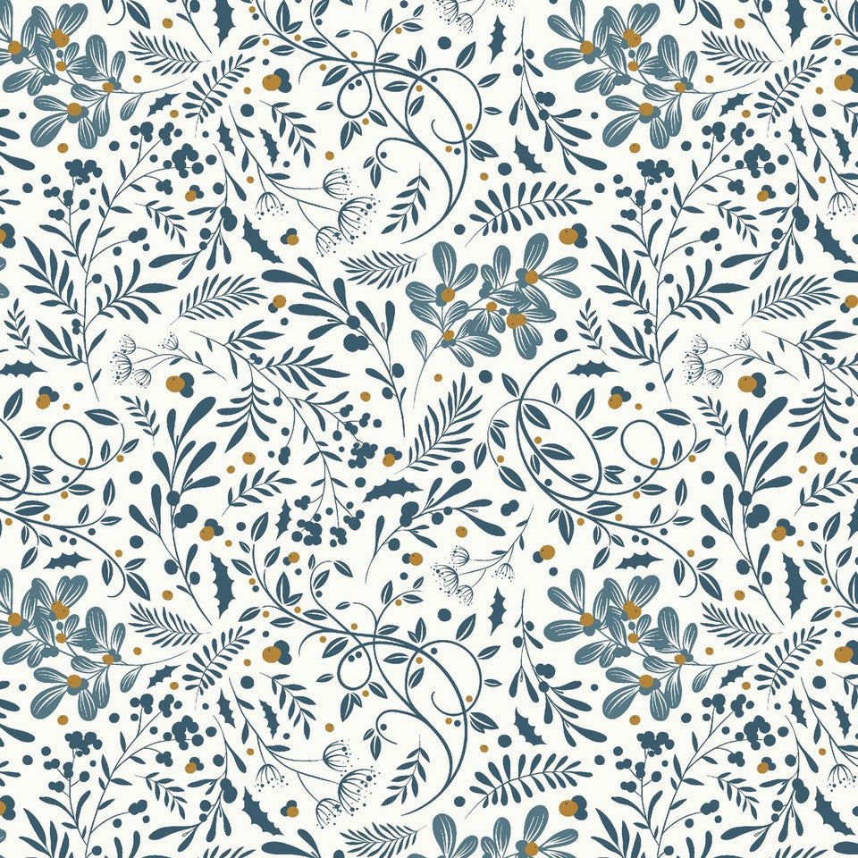 Holly Jolly Calico Ecru Navy Swirls Foliage