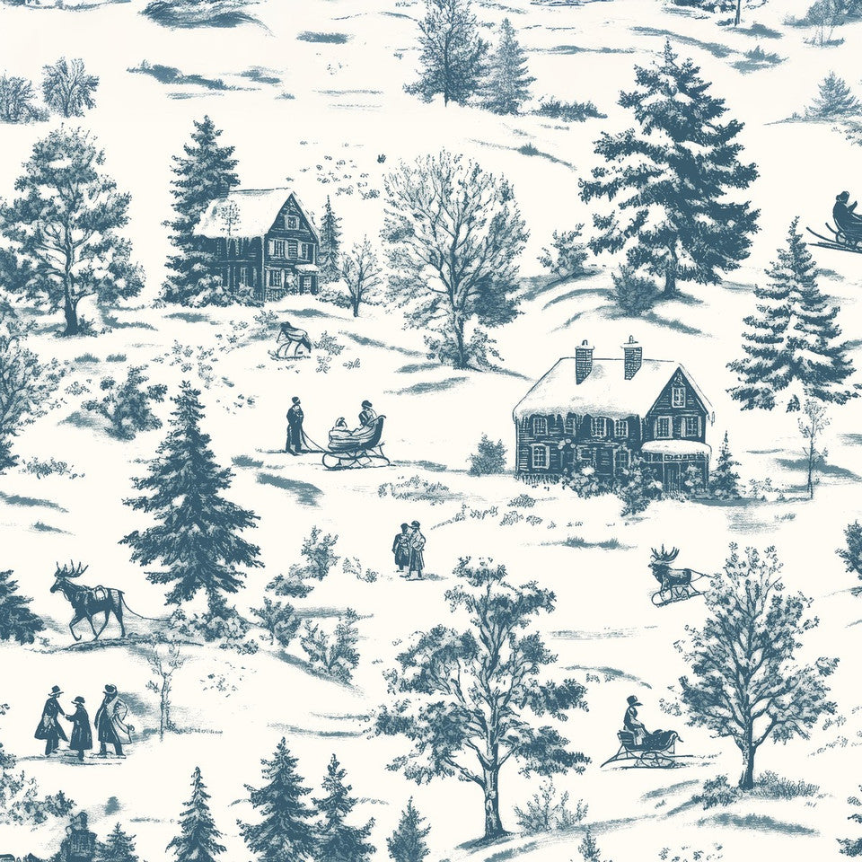 Holly Jolly Calico Ecru Navy Winter Scene