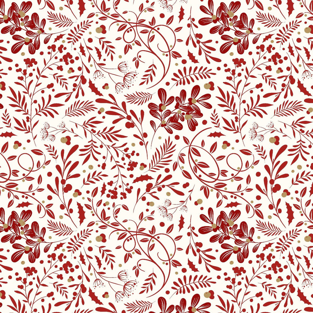 Holly Jolly Calico Ecru Red Swirls Foliage