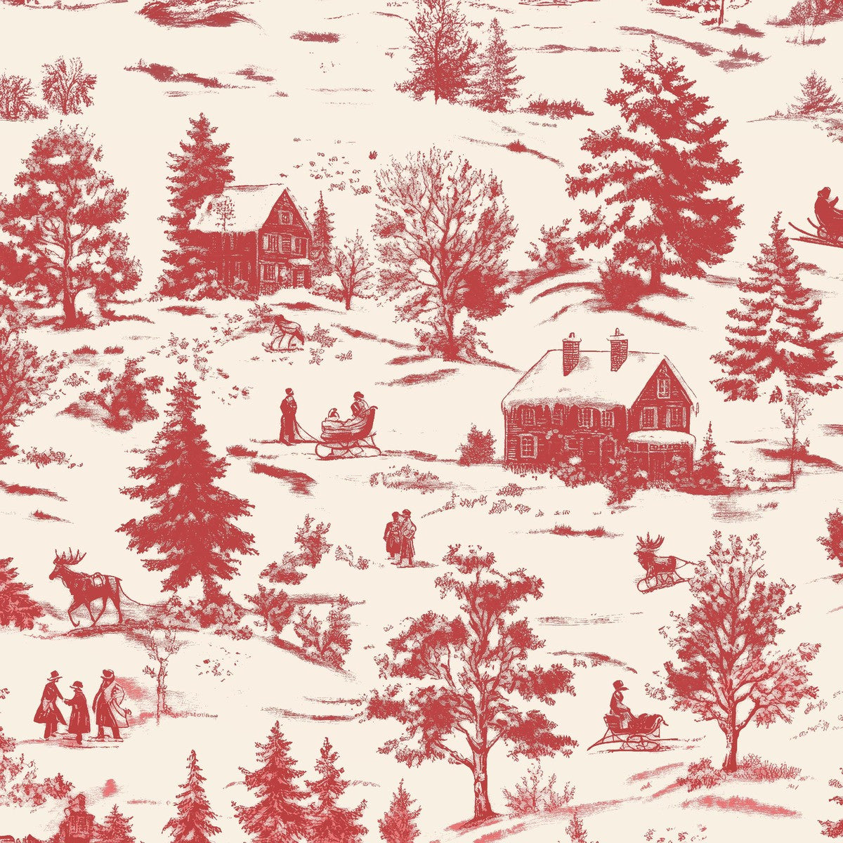 Holly Jolly Calico Ecru Red Winter Scene