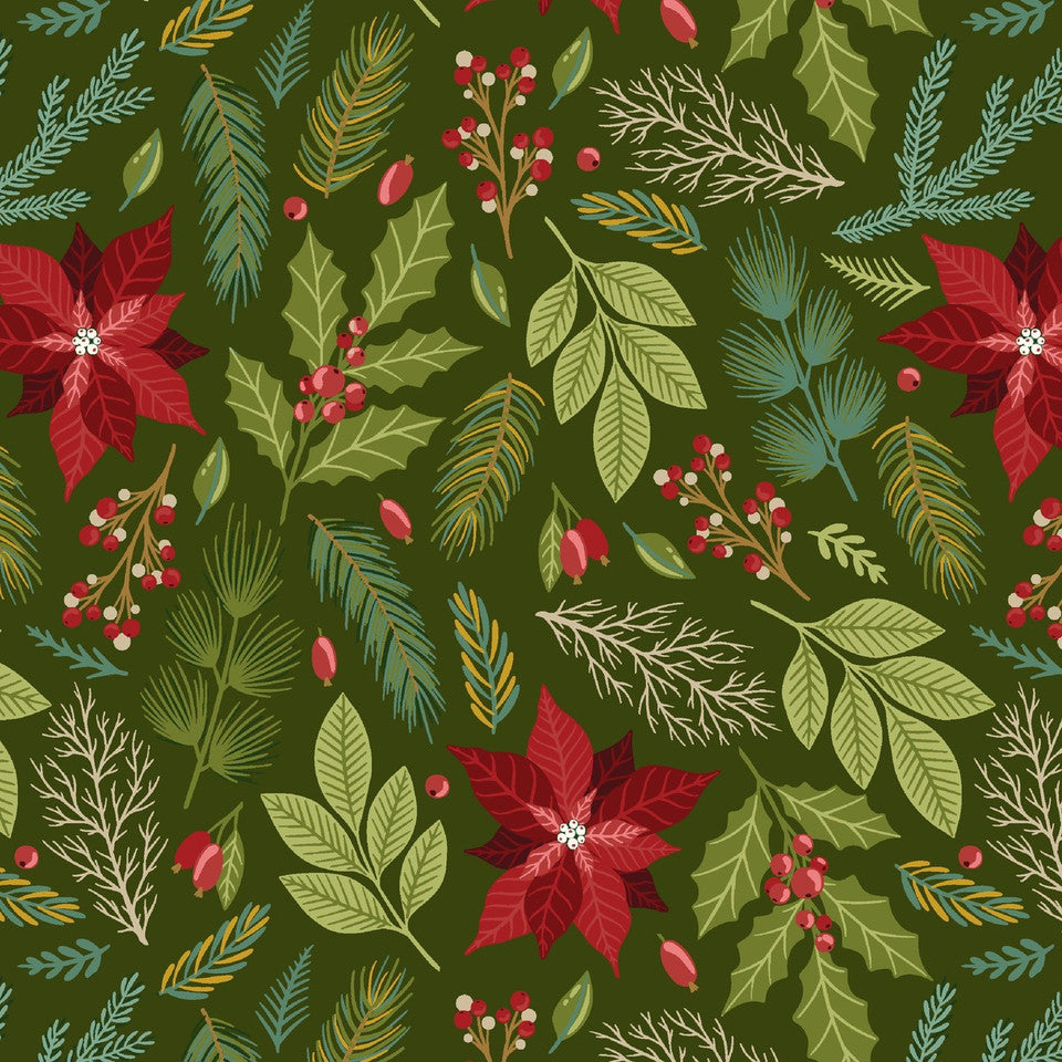 Holly Jolly Calico Evergreen Poinsettia Floral