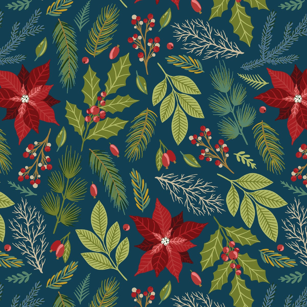 Holly Jolly Calico Navy Poinsettia Floral
