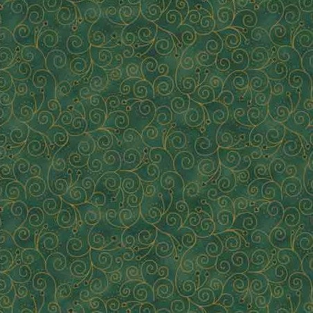 FQ Stof Christmas Spiral Flowers Green Gold - 4599-809